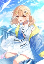Rule 34 | 1girl, :d, azusawa kohane, blonde hair, blue jacket, blue sky, blush, brown eyes, choker, cityscape, cloud, commentary, dress, fujo0t4ku, hair ornament, hairclip, highres, jacket, looking at viewer, on railing, open mouth, outdoors, pink footwear, project sekai, railing, shoes, short twintails, sitting, sky, sleeveless, sleeveless dress, smile, sneakers, solo, twintails, white choker, white dress