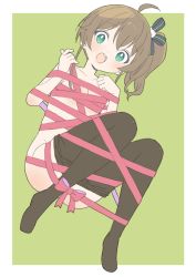 Rule 34 | 1girl, absurdres, ahoge, bad id, bad twitter id, breasts, brown hair, cleavage, collarbone, convenient censoring, donguri suzume, full body, green background, green eyes, hair ornament, highres, hololive, looking at viewer, naked ribbon, natsuiro matsuri, no shoes, pantyhose, ribbon, short hair, side ponytail, simple background, small breasts, solo, virtual youtuber