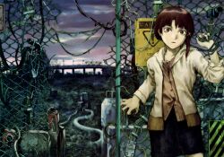 Rule 34 | 1girl, abe yoshitoshi, absurdres, asymmetrical hair, black skirt, bridge, brown eyes, brown hair, cable, chain-link fence, cloud, fence, hair ornament, hairclip, highres, industrial pipe, iwakura lain, jacket, long sleeves, looking at viewer, non-web source, scan, serial experiments lain, short hair, sign, single sidelock, skirt, sky, solo, standing, warning sign, white jacket, wire, x hair ornament