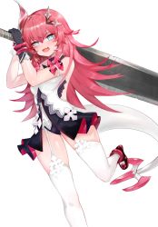 Rule 34 | 1girl, :d, asymmetrical gloves, bad id, bad pixiv id, bare shoulders, black footwear, black gloves, blue eyes, blush, broadsword, curled horns, dokomon, dress, eyebrows hidden by hair, fang, garter straps, gloves, greatsword, hair between eyes, hair ornament, highres, holding, holding sword, holding weapon, honkai (series), honkai impact 3rd, horns, long hair, mismatched gloves, open mouth, pink hair, rozaliya olenyeva, shoes, simple background, single horn, sleeveless, sleeveless dress, smile, solo, standing, standing on one leg, sword, tail, thighhighs, two-handed, very long hair, weapon, white background, white dress, white gloves, white thighhighs