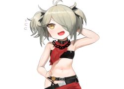 Rule 34 | 1girl, antenna hair, arm behind head, arm up, armpits, bad id, bad pixiv id, bandeau, bare arms, bare shoulders, belt, belt buckle, black bandeau, black belt, black panties, brown eyes, brown hair, buckle, chain, dokomon, fang, flying sweatdrops, girls&#039; frontline, hair over one eye, hand on own hip, highres, looking away, looking to the side, navel, open mouth, panties, sig-556 (girls&#039; frontline), simple background, solo, twintails, underwear, white background