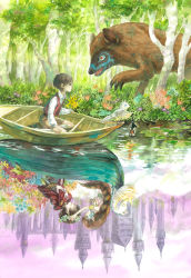 Rule 34 | 1girl, 2boys, armlet, bad id, bad pixiv id, bear, bird, black hair, boat, braid, cape, city, closed eyes, different reflection, dress, dual persona, facepaint, fantasy, flower, forest, graphite (medium), grass, hand on another&#039;s head, hand on own chest, head wreath, kou.k, lantern, long hair, multicolored hair, multiple boys, nature, original, owl, painting (medium), pointy ears, reflection, river, scenery, short hair, shorts, single braid, sword, teeth, tower, traditional media, tree, vest, water, watercolor (medium), watercraft, weapon, white dress