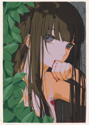 Rule 34 | 1girl, artist name, beige border, blood, blood from mouth, blood on clothes, blunt bangs, brown hair, camisole, closed mouth, commentary request, from side, grey eyes, hand up, highres, leaf, long hair, looking at viewer, neri (3 qmijfj), original, plant, solo, spaghetti strap, twitter username, upper body, white camisole, wiping face
