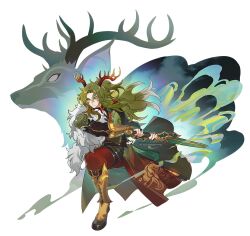 Rule 34 | 1boy, animal ears, antlers, arm guards, armor, artist name, belt, black belt, black footwear, black shirt, boots, cioccolatodorima, commentary, deer, deer antlers, deer boy, deer ears, earrings, english commentary, facial mark, feather boa, fighting stance, full body, gaiters, genshin impact, half updo, highres, holding, holding sword, holding weapon, horns, jewelry, long hair, long sleeves, looking ahead, male focus, moon carver (genshin impact), outstretched leg, pants, parted bangs, pauldrons, personification, red pants, serious, shirt, shoulder armor, single pauldron, sleeve garter, smoke, solo, sword, tassel, tassel earrings, thigh strap, waist cape, weapon, white background, yaopei, yellow eyes