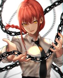 Rule 34 | 1girl, black necktie, black pants, braid, chain, chainsaw man, collared shirt, formal, highres, hikarilux, holding, holding chain, looking at viewer, makima (chainsaw man), necktie, office lady, pants, red hair, shirt, simple background, solo, suit, white background, yellow eyes