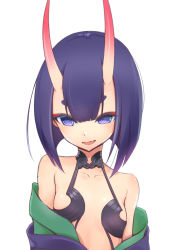 Rule 34 | 1girl, absurdres, bare shoulders, fang, fate/grand order, fate (series), flat chest, highres, horns, looking at viewer, oniku (pixiv 28205308), open mouth, purple eyes, purple hair, short hair, shuten douji (fate), simple background, solo, upper body, white background