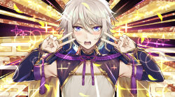 Rule 34 | 1boy, blue eyes, blush, chinese clothes, csyday, double v, egasumi, emotional engine - full drive, fate/grand order, fate (series), grey hair, hair between eyes, hands up, long hair, looking at viewer, male focus, open mouth, parody, prince of lan ling (fate), purple background, solo, sparkle, sunburst, sunburst background, v, yellow background