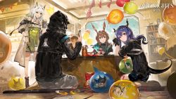 Rule 34 | 1boy, 3girls, absurdres, alchemaniac, amiya (arknights), animal ear fluff, animal ears, arknights, balloon, bare shoulders, black jacket, blue eyes, blue hair, blush, breasts, brown hair, cat ears, cellphone, ch&#039;en (arknights), choker, doctor (arknights), dragon horns, dragon tail, dress, food, gloves, grani (arknights), green dress, green eyes, hair between eyes, highres, holding, holding food, holding pen, holding phone, hood, hooded jacket, horns, indoors, jacket, jessica (arknights), jewelry, kal&#039;tsit (arknights), long hair, long sleeves, looking at viewer, medium breasts, multiple girls, official art, open clothes, open jacket, open mouth, pen, phone, ponytail, rabbit ears, red eyes, ring, seiza, shirt, short hair, shorts, sidelocks, silver hair, sitting, skadi (arknights), sleeveless, smartphone, smile, sweatdrop, swire (arknights), tail, thighs