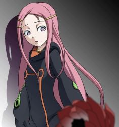 Rule 34 | 00s, 1girl, anemone (eureka seven), anemone (flower), bodysuit, collar, eureka seven, eureka seven (series), flower, gif artifacts, hair ornament, hairclip, long hair, name connection, object namesake, pink hair, purple eyes, solo