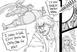 Rule 34 | 1boy, 1koma, 2girls, absurdres, anger vein, ass, bb (baalbuddy), boots, capcom, cheek press, comic, english text, facial hair, greyscale, highres, in the face, jacket, ken masters, leotard, long hair, long sleeves, monochrome, motion lines, multiple girls, open mouth, rainbow mika, shirt, shouting, street fighter, street fighter 6, stubble, tackle, thigh boots, thong, twintails, v-shaped eyebrows, very long hair