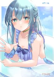 Rule 34 | 1girl, absurdres, alice gear aegis, artist name, beach, blue hair, blue one-piece swimsuit, blue sky, blush, choker, cloud, cloudy sky, collarbone, dated, day, flat chest, frilled swimsuit, frills, green choker, green hair, hair between eyes, highres, innertube, kakerayuri, looking at viewer, ocean, ochanomizu mirie, one-piece swimsuit, outdoors, partially submerged, scrunchie, signature, sky, solo, sunlight, swim ring, swimsuit, two-tone swimsuit, water, white one-piece swimsuit