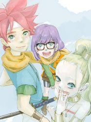 Rule 34 | 1990s (style), 1boy, 2girls, blonde hair, blue eyes, chrono (series), chrono trigger, crono (chrono trigger), forehead, glasses, headband, jewelry, lucca ashtear, marle (chrono trigger), multiple girls, mwr, necklace, purple hair, red hair, smile, sword, weapon