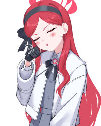 Rule 34 | 1girl, absurdres, aoi riko, black gloves, black hairband, black ribbon, blue archive, blush, closed eyes, dress, gloves, grey dress, hairband, halo, highres, jacket, long hair, neck ribbon, parted bangs, red hair, ribbon, simple background, solo, sweatdrop, swept bangs, takane (blue archive), upper body, very long hair, white background, white jacket