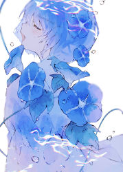 Rule 34 | 1girl, blue flower, blue hair, blue theme, bubble, closed eyes, flower, hair between eyes, highres, irodori warabi, morning glory, original, short hair, white background