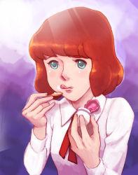 Rule 34 | 1girl, bad id, bad pixiv id, blue eyes, breasts, brown hair, castle of cagliostro, clarisse de cagliostro, commentary request, eating, hands up, lafolie, lupin iii, retro artstyle, short hair, simple background, solo, tongue