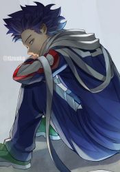 Rule 34 | 1boy, arms on knees, boku no hero academia, from behind, green footwear, highres, knees up, leaning forward, looking at viewer, looking back, male focus, purple eyes, purple hair, scarf, shadow, shinsou hitoshi, short hair, simple background, sitting, solo, spiked hair, tonbanlove, twitter username, u.a. gym uniform, unconventional weapon