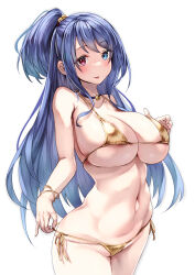 Rule 34 | 1girl, alexi oekaki, areola slip, bikini, bikini pull, blue eyes, blue hair, blush, borrowed character, breasts, clothes pull, commentary request, commission, cowboy shot, heterochromia, highres, large breasts, long hair, looking at viewer, navel, one side up, original, pulling own clothes, red eyes, simple background, skeb commission, swimsuit, white background, yellow bikini