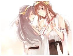 Rule 34 | 10s, 2girls, asakawa (outeq), bad anatomy, bad id, bad twitter id, bare shoulders, blush, brown hair, crying, detached sleeves, closed eyes, female focus, holding hands, haruna (kancolle), head tilt, headband, interlocked fingers, japanese clothes, kantai collection, kongou (kancolle), long hair, long sleeves, looking at another, looking at viewer, multiple girls, nontraditional miko, open mouth, ribbon-trimmed sleeves, ribbon trim, siblings, simple background, sisters, smile, white background, yuri
