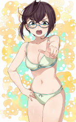 Rule 34 | 1girl, absurdres, blue-framed eyewear, blush, bra, breasts, brown hair, cleavage, commission, crossed bangs, glasses, green bra, green eyes, green panties, hand on own hip, highres, kanmiya shinobu, kantai collection, medium breasts, multicolored hair, okinami (kancolle), open mouth, panties, pixiv commission, pointing, pointing at viewer, ponytail, short hair, short ponytail, side ponytail, simple background, solo, sweat, underwear, underwear only