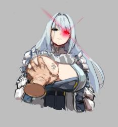 Rule 34 | 1girl, blue eyes, grabbing another&#039;s breast, breasts, clothes pull, ethel (xenoblade), glaring, grabbing, huge breasts, looking at viewer, silver hair, solo, xenoblade chronicles (series), xenoblade chronicles 3