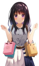 Rule 34 | 1girl, absurdres, bag, black hair, blue skirt, blush, closed mouth, collarbone, commentary request, copyright name, grey shirt, highres, inoue takina, long hair, looking at viewer, lycoris recoil, purple eyes, rope belt, shirt, shopping bag, short sleeves, simple background, skirt, solo, two-tone skirt, white background, white skirt, yuno (suke yuno)