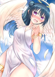 Rule 34 | 1girl, angel, angel wings, armlet, ayame shino, bad id, bad pixiv id, blue hair, blush, bracelet, commentary request, covered navel, dress, feathered wings, feathers, hair bun, halo, hand up, highres, jewelry, long hair, looking at viewer, love live!, love live! school idol festival, love live! sunshine!!, nose blush, open mouth, pelvic curtain, purple eyes, side bun, single side bun, solo, thighlet, tsushima yoshiko, white dress, white feathers, white wings, wings
