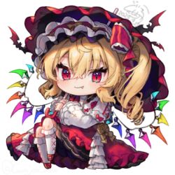Rule 34 | 1girl, blonde hair, blush, chibi, closed mouth, dress, fang, flandre scarlet, flower, full body, gunjou row, hair between eyes, holding, holding umbrella, kneehighs, long hair, lowres, red dress, red eyes, red flower, shoes, side ponytail, simple background, socks, solo, touhou, umbrella, white background, white socks