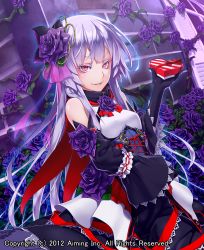 Rule 34 | 10s, 1girl, 2012, bare shoulders, corset, dated, detached sleeves, dress, flower, frills, gloves, gothic lolita, hair flower, hair ornament, heart, highres, kentairui, lace, lolita fashion, long hair, lord of knights, original, purple flower, purple hair, purple rose, purple theme, red eyes, rose, smile, solo, valentine
