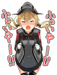 Rule 34 | 10s, 1girl, anchor hair ornament, black skirt, black thighhighs, blonde hair, blush, clenched hands, cross, closed eyes, facing viewer, gloves, grey background, hair ornament, hat, highres, iron cross, kantai collection, leaning forward, long sleeves, max melon, military, military hat, military uniform, open mouth, peaked cap, pleated skirt, prinz eugen (kancolle), revision, simple background, skirt, solo, thighhighs, translated, uniform, white background
