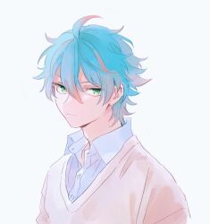 Rule 34 | 1boy, ahoge, blue hair, brown sweater, closed mouth, collared shirt, expressionless, from argonavis, green eyes, grey background, grey shirt, highres, himishiro, long sleeves, looking at viewer, male focus, nijou haruka, pink hair, shirt, short hair, solo, sweater