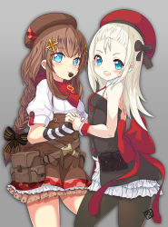 Rule 34 | 2girls, arm warmers, belt pouch, beret, blonde hair, blouse, blue eyes, braid, buttons, chocolate, fnc (girls&#039; frontline), food in mouth, girls&#039; frontline, grey background, hair ribbon, hat, holding hands, jamgom, long braid, long hair, looking at viewer, mp5 (girls&#039; frontline), multiple girls, pantyhose, pouch, ribbon, scarf, shirt, short hair, simple background, single braid, sleeveless, sleeveless shirt