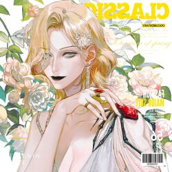 Rule 34 | 1girl, absurdres, acyantree, barcode, bare arms, black lips, blonde hair, breasts, cleavage, collarbone, cover, dangle earrings, dress, earrings, eyeliner, fake magazine cover, flower, flower request, forehead, gem, green eyes, hair over one eye, hand up, highres, jewelry, langley (path to nowhere), leaf, light smile, looking at viewer, magazine cover, makeup, medium hair, mirrored text, official alternate costume, one eye covered, path to nowhere, red gemstone, ring, sleeveless, sleeveless dress, solo, spider ornament, upper body, wavy hair, white dress, white flower