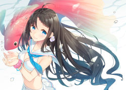 Rule 34 | 1girl, ahoge, bangle, bare arms, bare shoulders, bekotarou, bikini, black hair, blue eyes, blue neckerchief, bracelet, braid, breasts, bubble, cleavage, closed mouth, collarbone, cupping hands, earrings, fish, floating hair, flower, jewelry, long hair, looking at viewer, medium breasts, multicolored eyes, neckerchief, original, own hands together, pleated skirt, purple eyes, purple flower, sailor bikini, sailor collar, scrunchie, sidelocks, skirt, smile, solo, stomach, swimsuit, very long hair, white bikini, white sailor collar, white skirt, wrist scrunchie