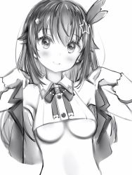 Rule 34 | 1girl, areola slip, bad id, bad pixiv id, bow, breasts, closed mouth, cropped shirt, greyscale, hair bow, hair flaps, hair ornament, highres, hololive, long hair, looking at viewer, medium breasts, monochrome, nanashi (nlo), simple background, smile, solo, star (symbol), star hair ornament, tokino sora, tokino sora (1st costume), underboob, upper body, vest, virtual youtuber, white background, wing collar, wristband