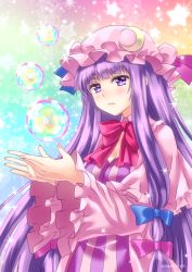Rule 34 | 1girl, blue ribbon, blush, bow, bowtie, breasts, cleavage, closed mouth, crescent, crescent hair ornament, dress, frilled sleeves, frills, hair ornament, hair ribbon, highres, long hair, long sleeves, medium breasts, patchouli knowledge, pink dress, pink headwear, pink ribbon, purple eyes, purple hair, red bow, red bowtie, ribbon, sato-pon, solo, standing, striped clothes, striped dress, touhou, very long hair