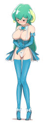 Rule 34 | 1girl, absurdres, alternate costume, alternate form, bare shoulders, bikini, bikini top only, blue cape, blue gloves, blue ribbon, blue sash, blue thighhighs, blush, bow, bow panties, breasts, cape, closed mouth, collarbone, curled horns, demon girl, demon horns, dot nose, elbow gloves, embarrassed, eyebrows, eyelashes, female focus, full body, gloves, green hair, hand on own arm, high heels, highleg, highleg panties, highres, horns, knees together feet apart, large breasts, lay (kuronti), long hair, looking afar, looking down, magia azure, mahou shoujo ni akogarete, minakami sayo, neck ribbon, nose blush, panties, red eyes, revealing clothes, ribbon, sash, short cape, simple background, sling bikini top, solo, swimsuit, thighhighs, two-tone cape, underwear, waist cape, wavy mouth, white background, white bikini, white cape, white footwear, white panties