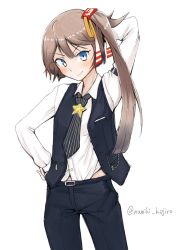 Rule 34 | 1girl, arm behind head, black necktie, black pants, black vest, blue eyes, brown hair, cleveland (azur lane), cleveland (gentry knight) (azur lane), commentary request, cowboy shot, dress shirt, hair ribbon, highres, kantai collection, kazagumo (kancolle), long hair, long sleeves, looking at viewer, namiki kojiro, necktie, one-hour drawing challenge, pants, ribbon, shirt, side ponytail, simple background, smile, solo, star (symbol), striped clothes, striped necktie, striped neckwear, twitter username, vertical-striped clothes, vertical-striped necktie, vest, white background, white shirt
