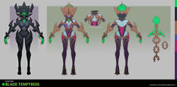 Rule 34 | 1girl, alternate costume, artist name, bare shoulders, black leotard, black skin, boots, border, breasts, character name, closed mouth, colored skin, concept art, detached sleeves, evelynn (league of legends), full body, gauntlets, gem, glowing, glowing eyes, gradient background, green hair, grey border, groin, helmet, highres, large breasts, league of legends, leotard, looking at viewer, pink leotard, thigh boots, thighhighs, vladbacescu, watermark, web address