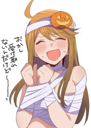 Rule 34 | 1girl, ahoge, bandaged arm, bandaged chest, bandages, bandaid, bandaid on head, blush, brown hair, clenched hands, closed eyes, commentary, embarrassed, facing viewer, food-themed hair ornament, hair ornament, halloween, idolmaster, idolmaster million live!, long hair, mummy costume, open mouth, pumpkin hair ornament, restrained, sarashi, sidelocks, smile, soeji, solo, sweat, tokoro megumi, translation request, upper body, white background