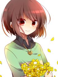 Rule 34 | 1other, androgynous, black shirt, black undershirt, bob cut, brown hair, chara (undertale), closed mouth, collared shirt, commentary, crossed arms, falling petals, flower, gold necklace, green sweater, heart pendant, holding, holding flower, holding too many things, jewelry, locket, long sleeves, looking at viewer, loose hair strand, necklace, pendant, petals, red eyes, shirt, short hair, simple background, single horizontal stripe, smile, solo, sweater, tokiha (haruka951116), two-tone sweater, undertale, upper body, white background, yellow flower, yellow sweater