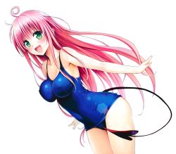 Rule 34 | 1girl, :d, ahoge, blue one-piece swimsuit, blush, breasts, cleavage, collarbone, covered erect nipples, cropped, fingernails, green eyes, highres, impossible clothes, impossible swimsuit, lala satalin deviluke, leaning, leaning forward, lips, long hair, one-piece swimsuit, open mouth, pink hair, school swimsuit, simple background, smile, solo, swimsuit, tail, to love-ru, very long hair, white background, yabuki kentarou