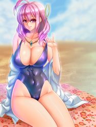 Rule 34 | 1girl, ahoge, antenna hair, bare shoulders, black one-piece swimsuit, breasts, casual one-piece swimsuit, character request, cleavage, covered navel, day, dress shirt, gigantic breasts, highleg, highleg swimsuit, highres, jewelry, long hair, looking at viewer, miginohito mitsuru, necklace, ole tower, one-piece swimsuit, pink eyes, pink hair, shirt, sitting, smile, solo, swimsuit, thighs