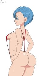 Rule 34 | 10s, 1girl, arched back, ass, bikini, blue eyes, blue hair, breasts, bulma, canime, curvy, dragon ball, dragon ball super, female focus, shiny skin, short hair, sideboob, slingshot swimsuit, small breasts, smile, solo, swimsuit, text focus