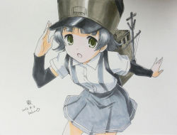 Rule 34 | 10s, 1girl, arare (kancolle), artist name, backpack, bag, beluo77, black hair, brown eyes, dated, hat, kantai collection, looking at viewer, marker (medium), open mouth, randoseru, salute, school uniform, shirt, short hair, short sleeves, skirt, smile, solo, suspenders, traditional media, white shirt