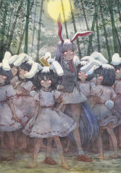 Rule 34 | 6+girls, :3, animal ears, bamboo, bamboo forest, barefoot, black hair, blazer, calligraphy brush (medium), cloud, colored pencil (medium), dress, forest, full moon, glowing, glowing eyes, hammer, hand on own hip, inaba mob (touhou), inaba tewi, jacket, long hair, long sleeves, looking at viewer, misawa hiroshi, moon, multiple girls, nature, necktie, painting (medium), pink dress, pink eyes, puffy short sleeves, puffy sleeves, purple hair, rabbit ears, rabbit tail, red eyes, reisen udongein inaba, shirt, short sleeves, skirt, sky, tail, touhou, traditional media, very long hair, watercolor (medium)