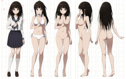 Rule 34 | 1girl, arm at side, ass, barefoot, bikini, black hair, black sailor collar, black skirt, blush, breasts, brown footwear, chitanda eru, closed mouth, commentary request, completely nude, dot nose, feet, finger to mouth, frilled bikini, frills, full body, gluteal fold, grey neckerchief, hand up, heel up, highres, hyouka, index finger raised, kamiyama high school uniform (hyouka), kneehighs, large breasts, loafers, long hair, long sleeves, looking at viewer, multiple views, nanikairu, navel, neckerchief, no nipples, no pussy, nude, paid reward available, parted lips, pleated skirt, ponytail, profile, purple eyes, sailor collar, school uniform, shirt, shoes, side-tie bikini bottom, sidelocks, skirt, smile, socks, split mouth, standing, stomach, swimsuit, toes, turnaround, white bikini, white shirt, white socks