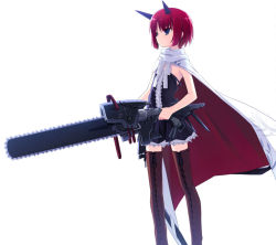 Rule 34 | 1girl, boots, cape, chainsaw, dress, flat chest, horns, original, poco (asahi age), red eyes, red hair, short hair, simple background, solo, thigh boots, thighhighs, zettai ryouiki