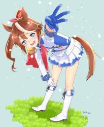 Rule 34 | 1girl, animal ears, ascot, asymmetrical gloves, blue background, blue eyes, blue gloves, blue jacket, blue skirt, blush, boots, bow, brown hair, buttons, cape, commentary request, double-breasted, epaulettes, flat chest, full body, gloves, grass, hair bow, hand on own knee, high ponytail, highres, horse ears, horse girl, horse tail, jacket, knee boots, leaning forward, long hair, long sleeves, looking at viewer, middle w, miniskirt, mismatched gloves, miyan (shamigame), multicolored clothes, multicolored hair, multicolored jacket, open mouth, pink ascot, pink bow, pleated skirt, red cape, shiny skin, signature, single epaulette, skirt, smile, solo, streaked hair, tail, tokai teio (umamusume), two-tone hair, two-tone jacket, two-tone skirt, umamusume, w, white footwear, white gloves, white hair, white jacket, white skirt