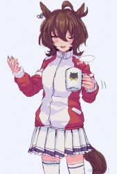 Rule 34 | 1girl, agnes tachyon (umamusume), ahoge, animal ears, blush, brown hair, cowboy shot, cup, grey background, hands up, highres, holding, holding cup, horse ears, horse girl, horse tail, jacket, kanjin (gy0n1s0), long sleeves, looking at viewer, medium hair, motion lines, one eye closed, open mouth, orange eyes, pleated skirt, red jacket, skirt, smile, solo, steam, tail, track jacket, twitter username, umamusume, watermark, white legwear, white skirt