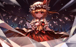 Rule 34 | 1girl, ascot, blonde hair, commentary, crystal, flandre scarlet, hat, hat ribbon, highres, looking at viewer, medium hair, mob cap, open mouth, red eyes, red ribbon, red skirt, red vest, ribbon, shirt, short sleeves, skirt, solo, top-exerou, touhou, vest, white hat, white shirt, wings, yellow ascot